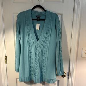 New York and Company Teal Cable Knit V Neck Sweater, Sz XL--NWT